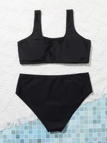 Teen Girls Solid Bikini Set Summer Beach - Black - View 2