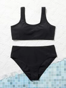 Teen Girls Solid Bikini Set Summer Beach - Black - View 5