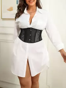 Plus Lace Insert Grommet Lace Up Back Corset - Black - View 1