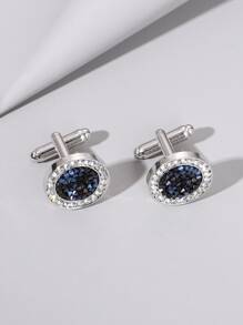 Fashionable and Popular 1pair Men Rhinestone Decor Cufflinks, Stainless Steel Jewelry for Jewelry Gift and for a Stylish Look - Blue - View 1