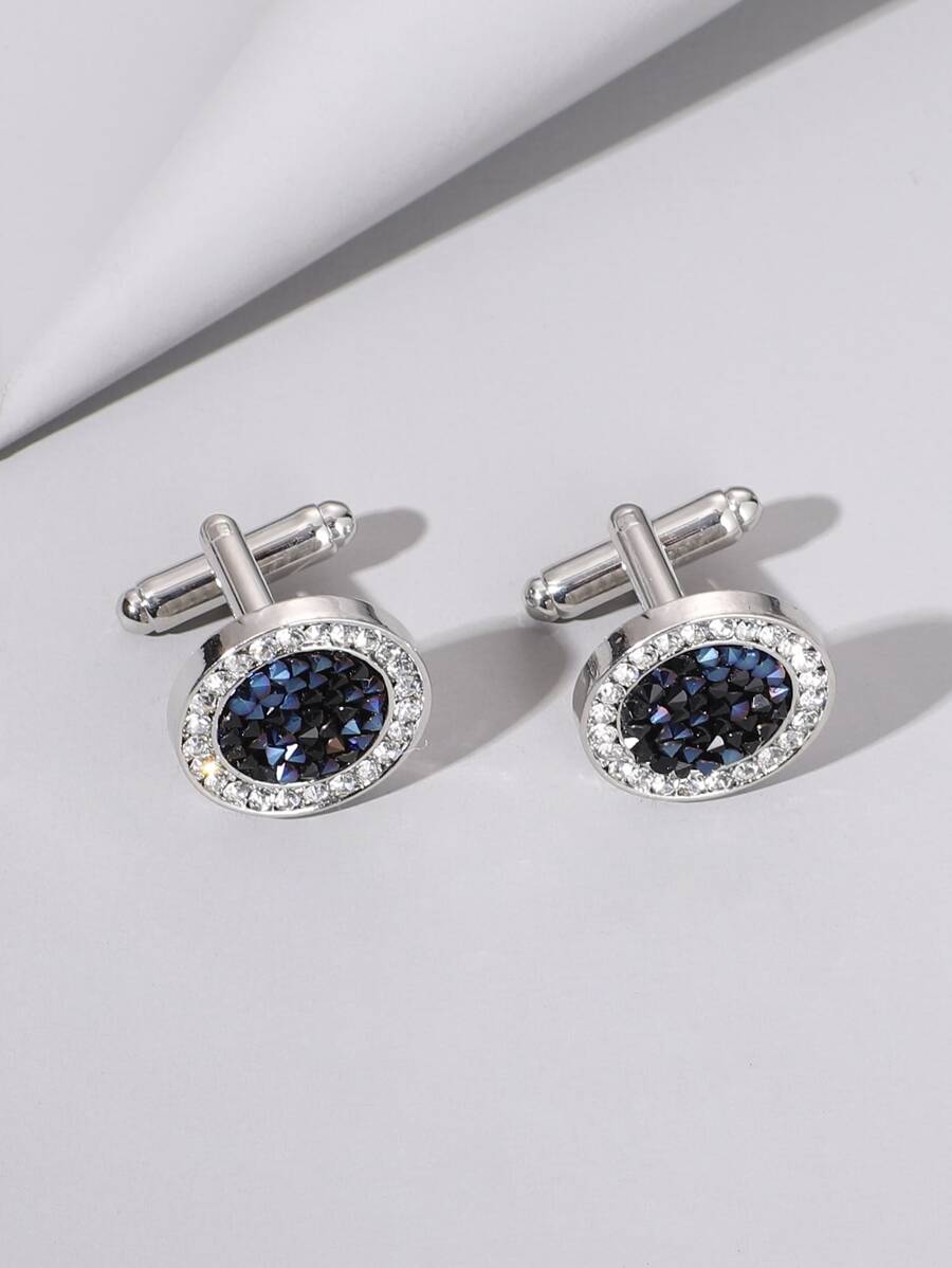 Fashionable and Popular 1pair Men Rhinestone Decor Cufflinks, Stainless Steel Jewelry for Jewelry Gift and for a Stylish Look - Blue - View 1