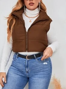 Mulvari Abrigo acolchado con cremallera y sin mangas talla grande para ropa de invierno - Café integral - Ver 5