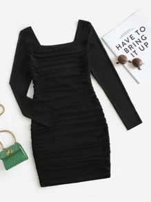 SHEIN Chicas adolescentes Vestido ajustado de cuello cuadrado fruncido lateral - Negro - Ver 1