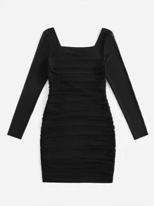 SHEIN Chicas adolescentes Vestido ajustado de cuello cuadrado fruncido lateral - Negro - Ver 2