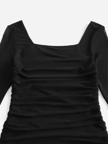 SHEIN Chicas adolescentes Vestido ajustado de cuello cuadrado fruncido lateral - Negro - Ver 3