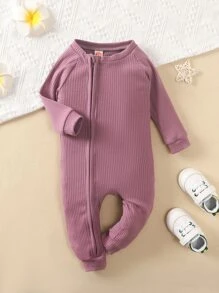 嬰兒素色插肩袖斜拉鍊連身褲 - 淡紫色 - 查看 1