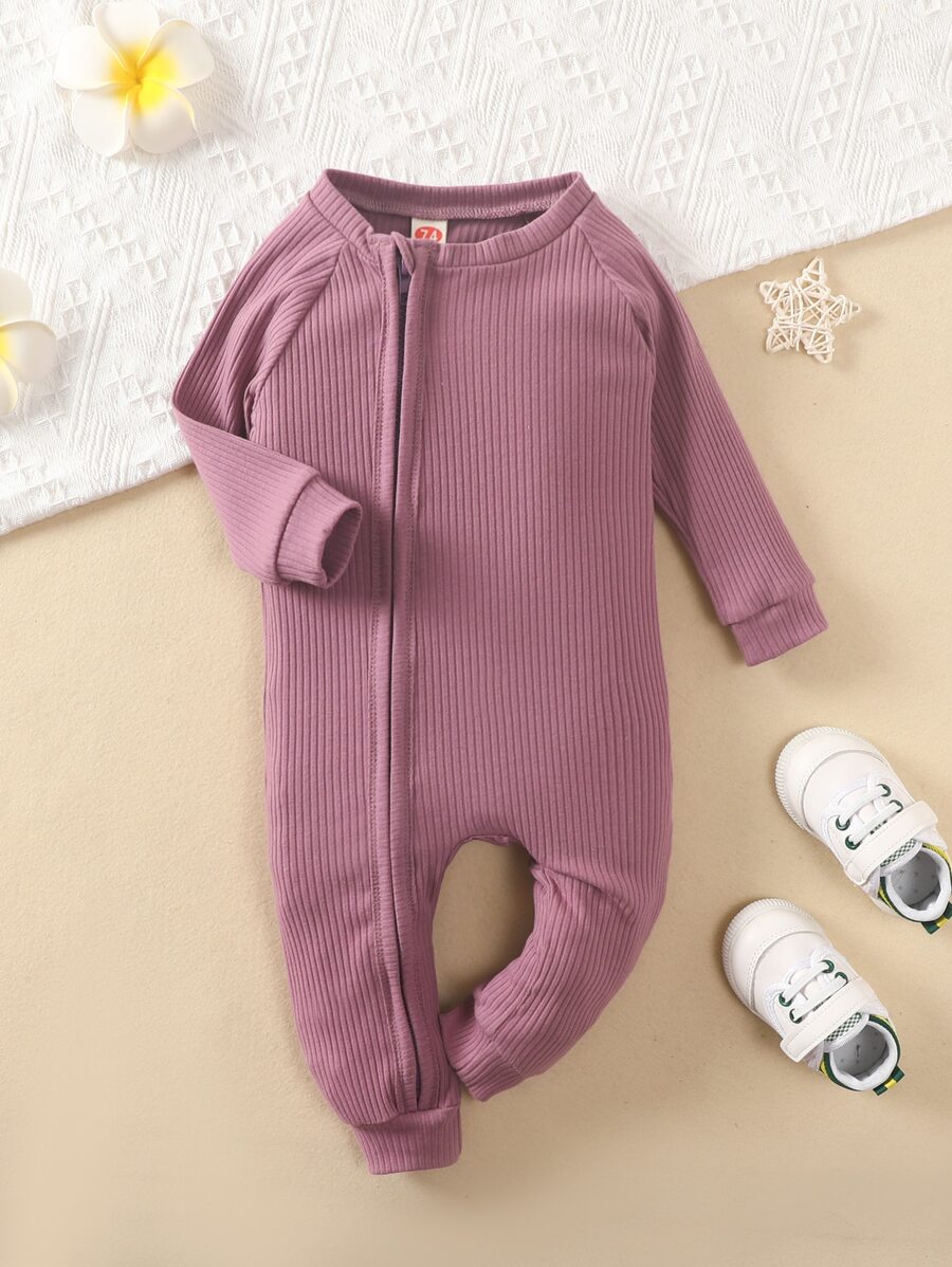 嬰兒素色插肩袖斜拉鍊連身褲 - 淡紫色 - 查看 1