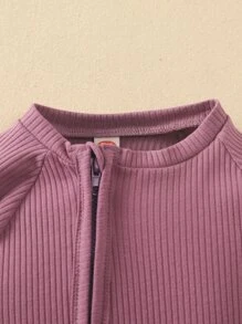 嬰兒素色插肩袖斜拉鍊連身褲 - 淡紫色 - 查看 5