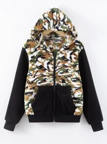 Boys Camo Print Hooded Flannel Jacket - Multicolor - View 1