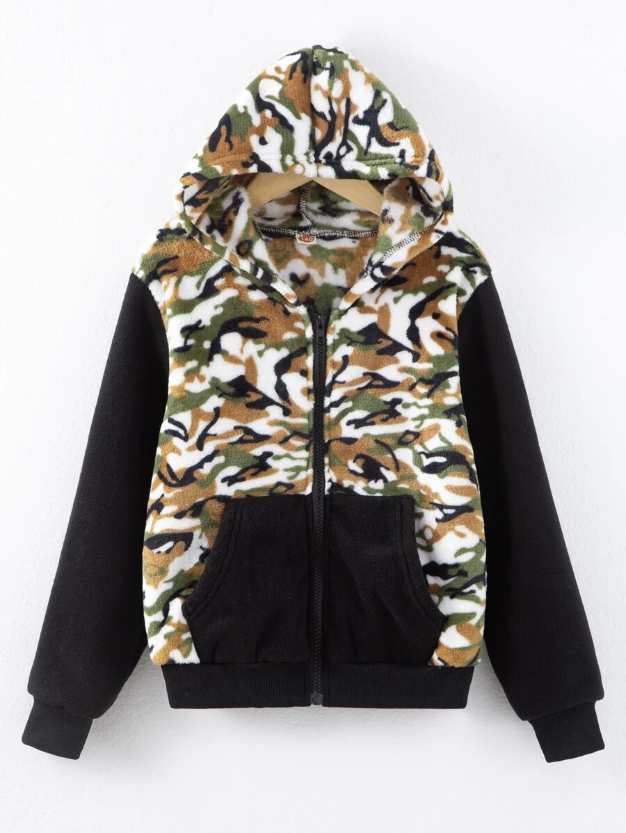Boys Camo Print Hooded Flannel Jacket - Multicolor - View 1