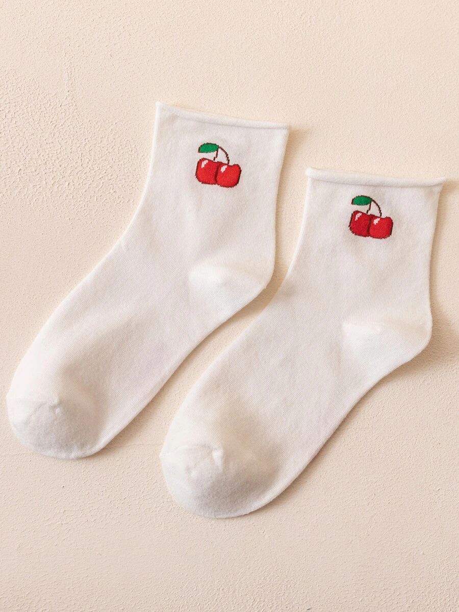 Tất cổ cao in họa tiết quả anh đào - trắng - Xem 1