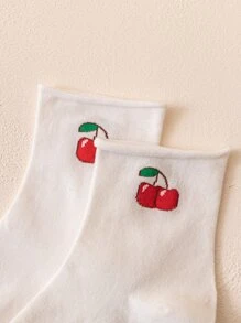 Tất cổ cao in họa tiết quả anh đào - trắng - Xem 2