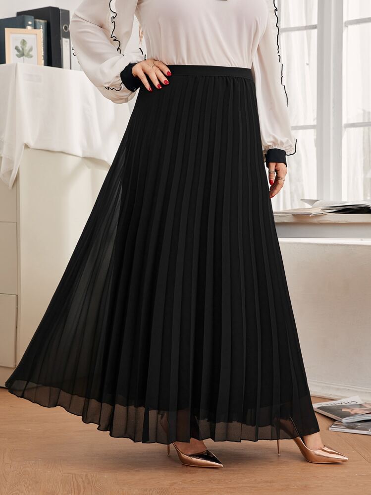 Modelyn Plus High Waist Solid Pleated Skirt - Black - View 2