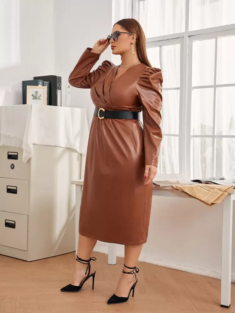 brown leather dress with sleeves Modelyn Plus Gigot Sleeve Split Back PU brown leather mini dress KissProm Cami Strap A-Line ecomm-model:mik Style # Color:Other color(Leaving a note)