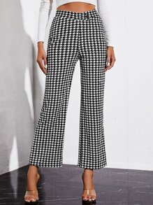 SHEIN Houndstooth Print Flared Leg Pants - Black and White - View 1