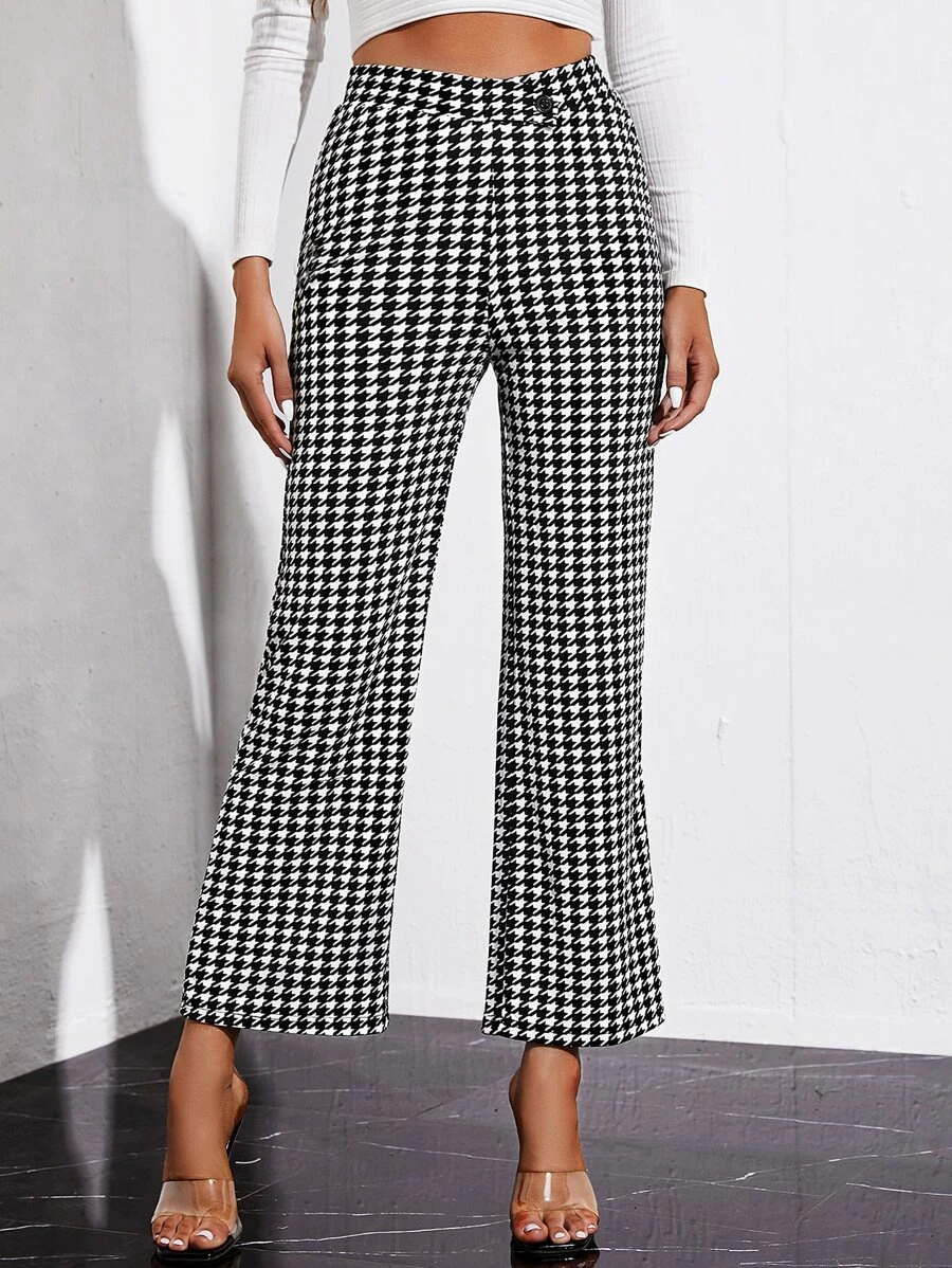 SHEIN Houndstooth Print Flared Leg Pants - Black and White - View 1