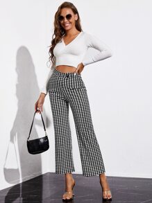 SHEIN Houndstooth Print Flared Leg Pants - Black and White - View 3