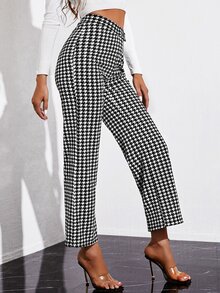 SHEIN Houndstooth Print Flared Leg Pants - Black and White - View 5