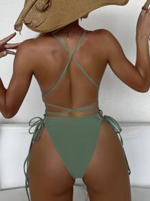 SHEIN Swim Summer Beach Plain Lace Up One Piece Swimsuit - Army Green - View 2