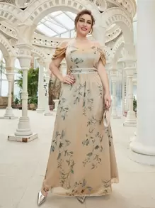 SHEIN Belle Plus Floral Print Cold Shoulder Sequin Insert Formal Dress - Apricot - View 1