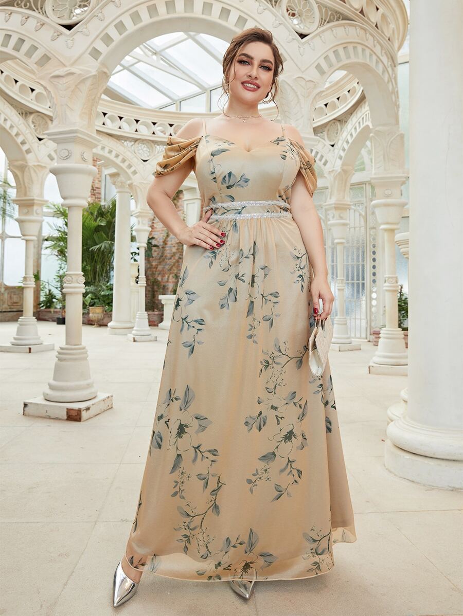SHEIN Belle Plus Floral Print Cold Shoulder Sequin Insert Formal Dress - Apricot - View 1