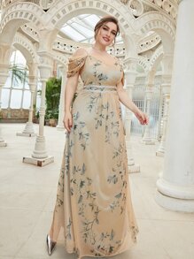 SHEIN Belle Plus Floral Print Cold Shoulder Sequin Insert Formal Dress - Apricot - View 6