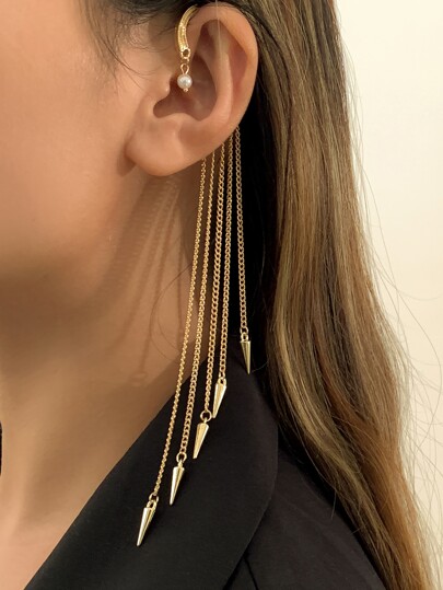 1pc Women's Rivet Tassel Faux Pearl Earring