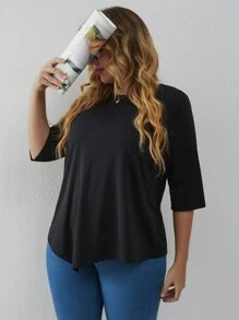 Áo thun Plus size Bất đối xứng màu trơn Giải trí - màu đen - Xem 1