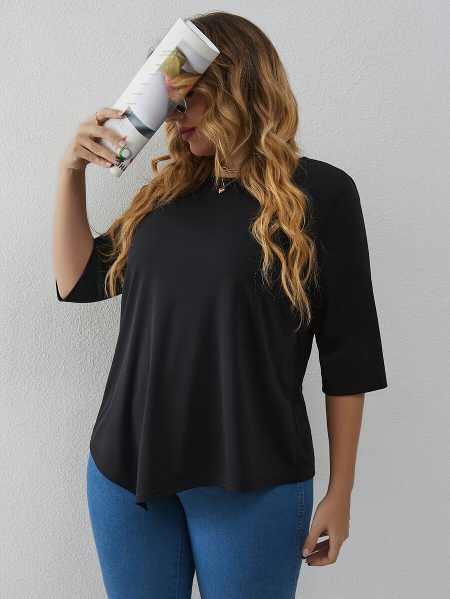 Áo thun Plus size Bất đối xứng màu trơn Giải trí - màu đen - Xem 1
