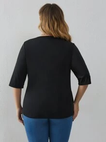 Áo thun Plus size Bất đối xứng màu trơn Giải trí - màu đen - Xem 2