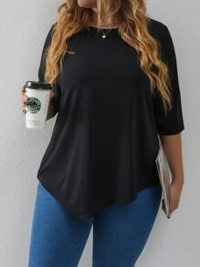 Áo thun Plus size Bất đối xứng màu trơn Giải trí - màu đen - Xem 3