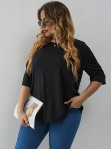 Áo thun Plus size Bất đối xứng màu trơn Giải trí - màu đen - Xem 4