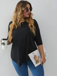 Áo thun Plus size Bất đối xứng màu trơn Giải trí - màu đen - Xem 5