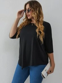 Áo thun Plus size Bất đối xứng màu trơn Giải trí - màu đen - Xem 6