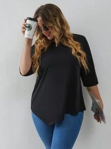 Áo thun Plus size Bất đối xứng màu trơn Giải trí - màu đen - Xem 7