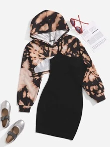 SHEIN 女孩紮染高低下擺連帽衫和吊帶洋裝