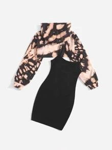 SHEIN 女孩紮染高低下擺連帽衫和吊帶洋裝