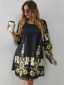 Plus Floral Print Tunic Dress - Black - View 3
