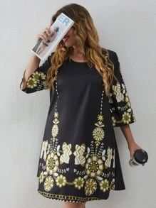 Plus Floral Print Tunic Dress - Black - View 4