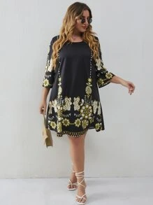 Plus Floral Print Tunic Dress - Black - View 5