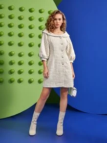 Wijdan 格紋圖案燈籠袖青果領粗花呢洋裝 - 米色 - 查看 1