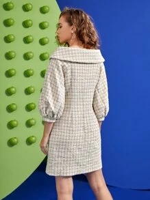 Wijdan 格紋圖案燈籠袖青果領粗花呢洋裝 - 米色 - 查看 2