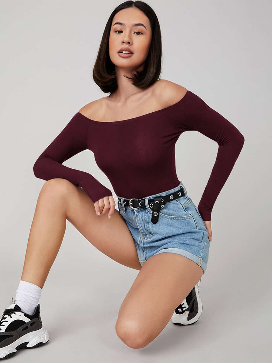 SHEIN 一字肩合身連身背心 - 紫紅色 - 查看 1