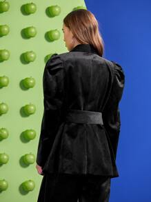 Daniela Castro Puff Sleeve Shawl Collar Belted Velvet Blazer - Black - View 2