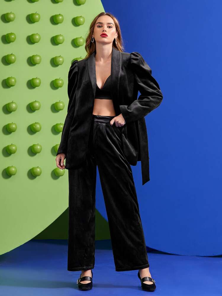 Daniela Castro Puff Sleeve Shawl Collar Belted Velvet Blazer - Black - View 3