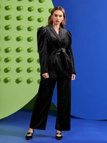 Daniela Castro Puff Sleeve Shawl Collar Belted Velvet Blazer - Black - View 5