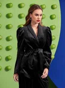 Daniela Castro Puff Sleeve Shawl Collar Belted Velvet Blazer - Black - View 6
