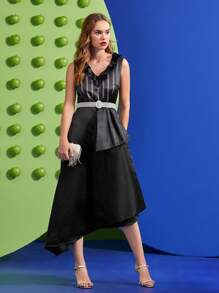 Waad Krali Đầm Thắt lưng Dây kéo Đồ họa Thanh lịch - màu đen - Xem 1