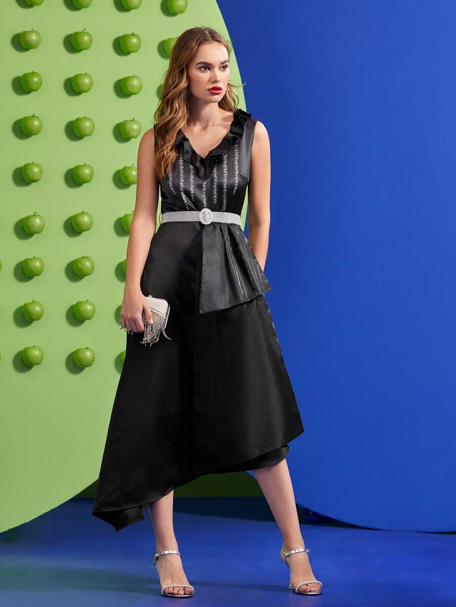 Waad Krali Đầm Thắt lưng Dây kéo Đồ họa Thanh lịch - màu đen - Xem 1