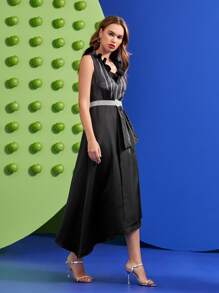 Waad Krali Đầm Thắt lưng Dây kéo Đồ họa Thanh lịch - màu đen - Xem 3